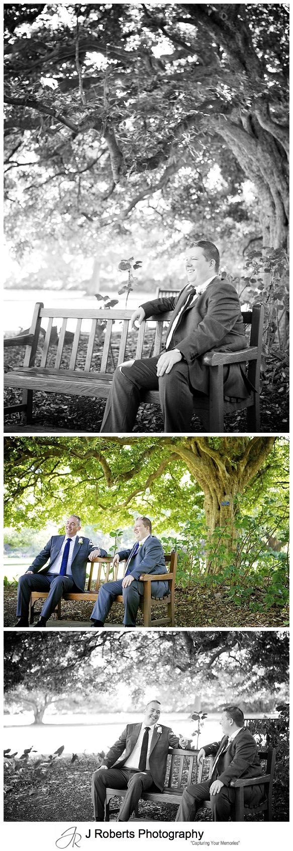Groom and best man on a seat under the trees at royal botanic gardens sydney - sydney wedding photography